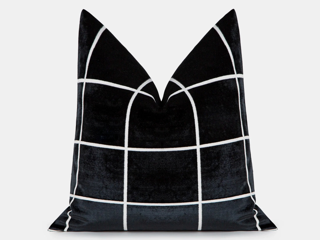 Black Windowpane Velvet Pillow Cover