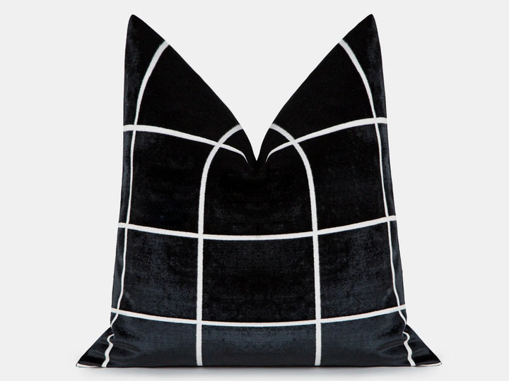 Black Windowpane Velvet Pillow Cover