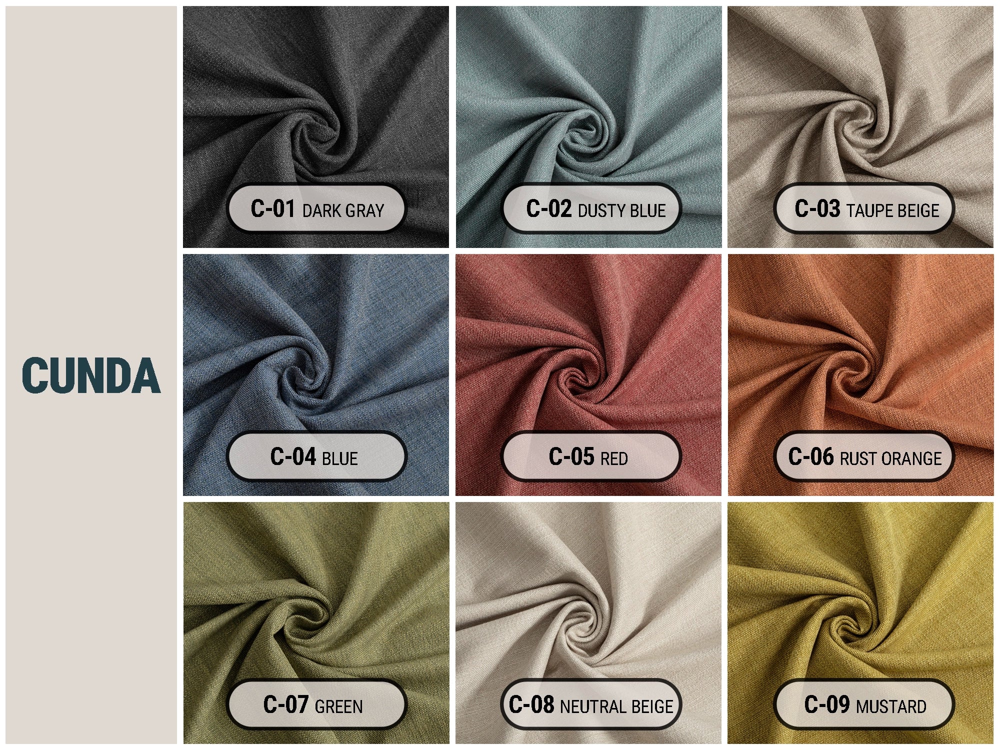 Linen Look Upholstery Fabrics - 9 Color Options | Cunda