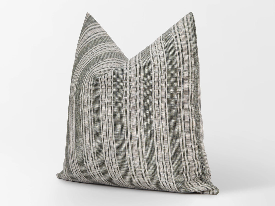 Muted Green Striped Linen Pillow Cover