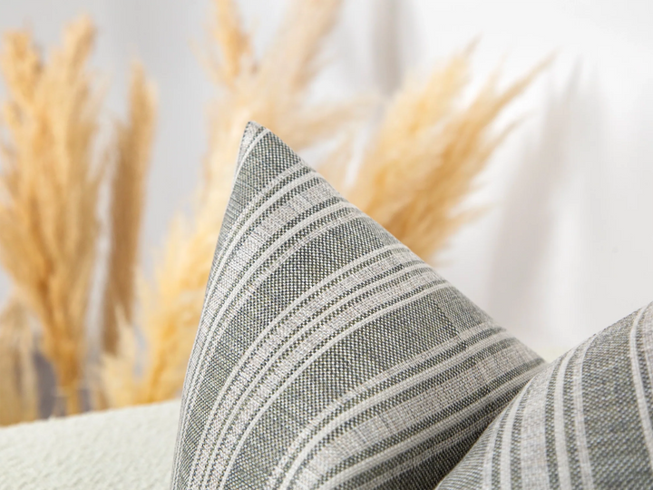 Muted Green Striped Linen Pillow Cover