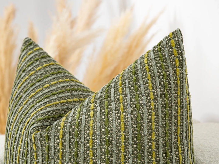 Green Striped Textured Pillow Cover