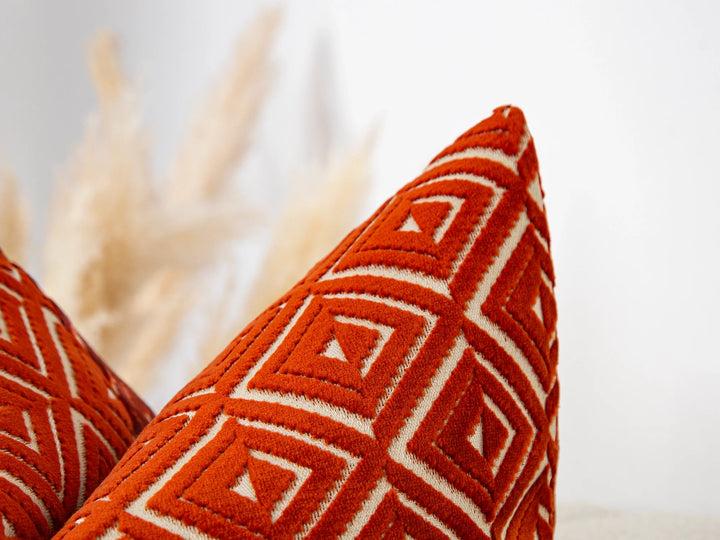 Rust Geometric Velvet Pillow Cover